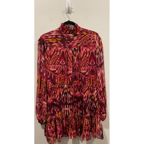 HOUSE OF HARLOW 1960 Burgundy Chiffon Ruffle Neck Long Sleeve Mini Dress - Picture 6 of 6